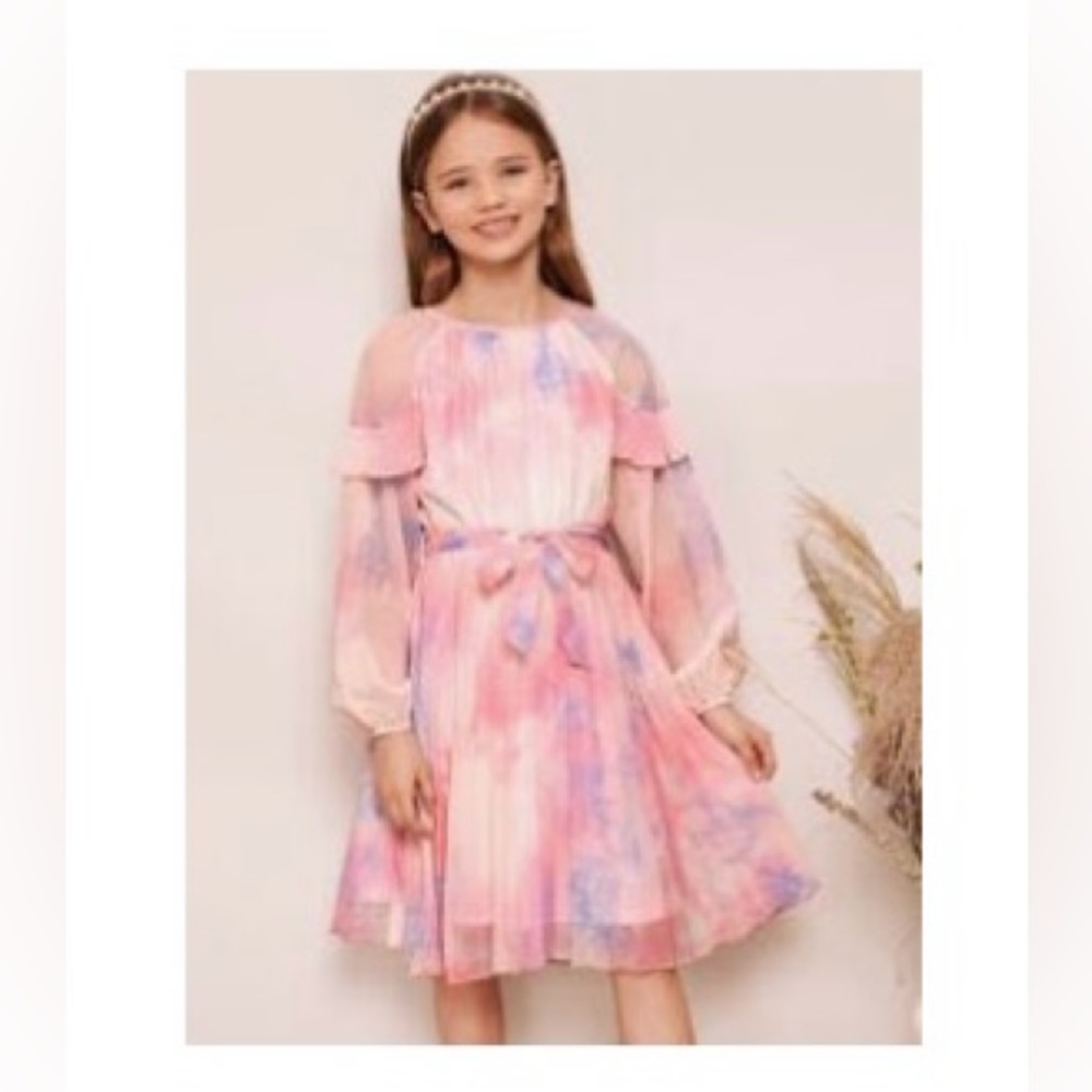 Girls lantern sleeve tie dye chiffon dress with belt 8